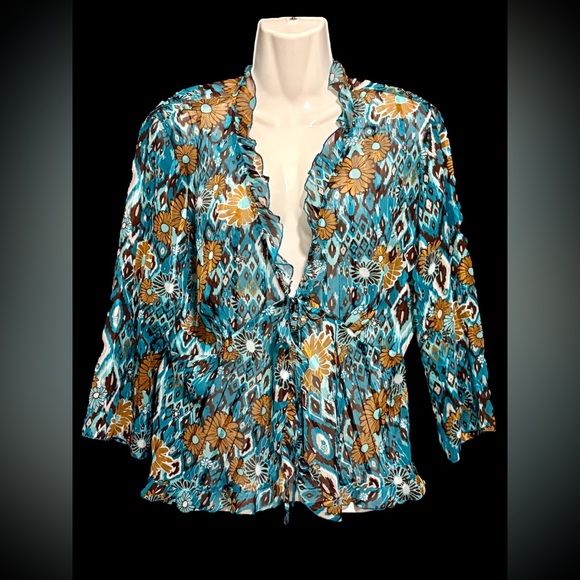 Kim Rogers Blouse Womens M 3/4 Sleeve Semi~Sheer Ruffle Front tie Teal Brown - Picture 1 of 7